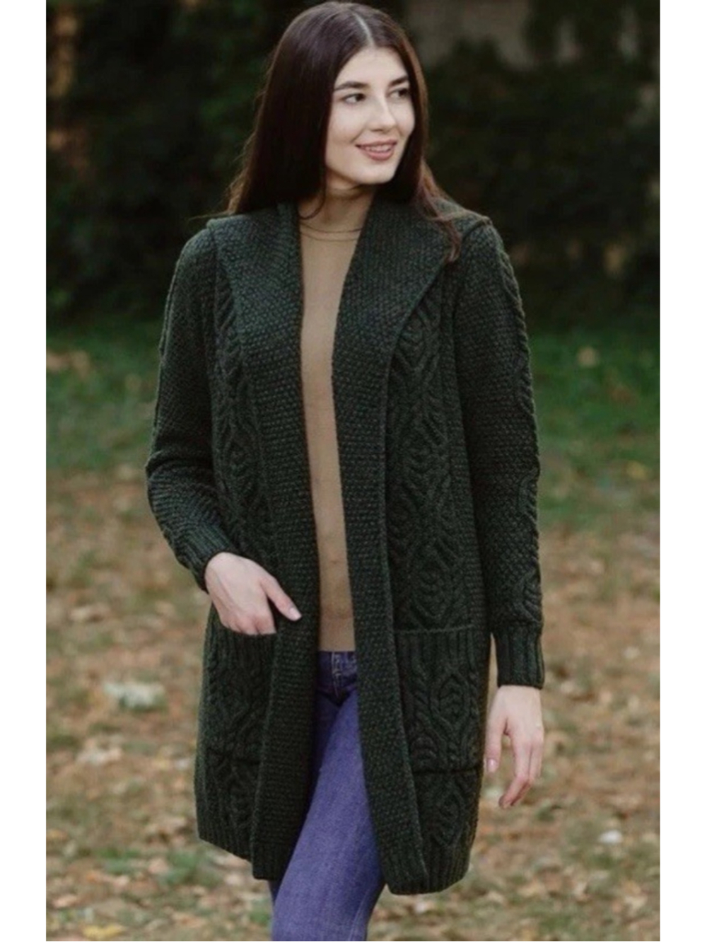 SAOL Womens 100% Merino Wool Irish Cardigan Aran Long Cable Knit Green XXL - Picture 1 of 10